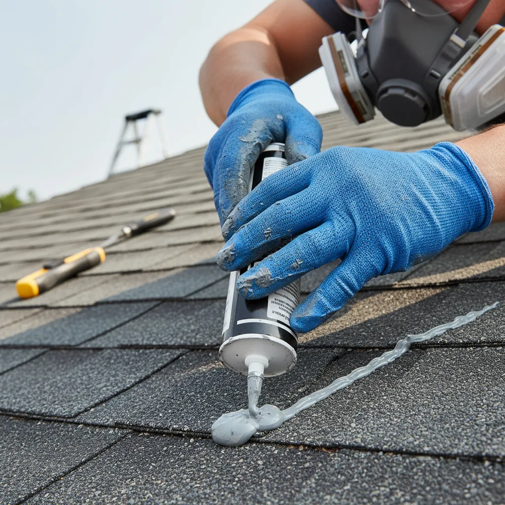 Worker wearing respirator and gloves applying roofing sealant