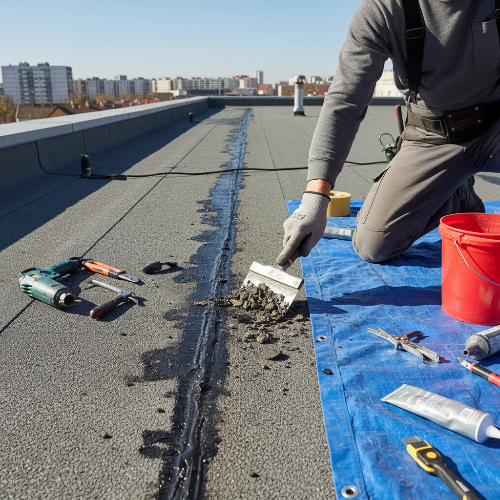 Worker removing damaged roof sealant before reapplication