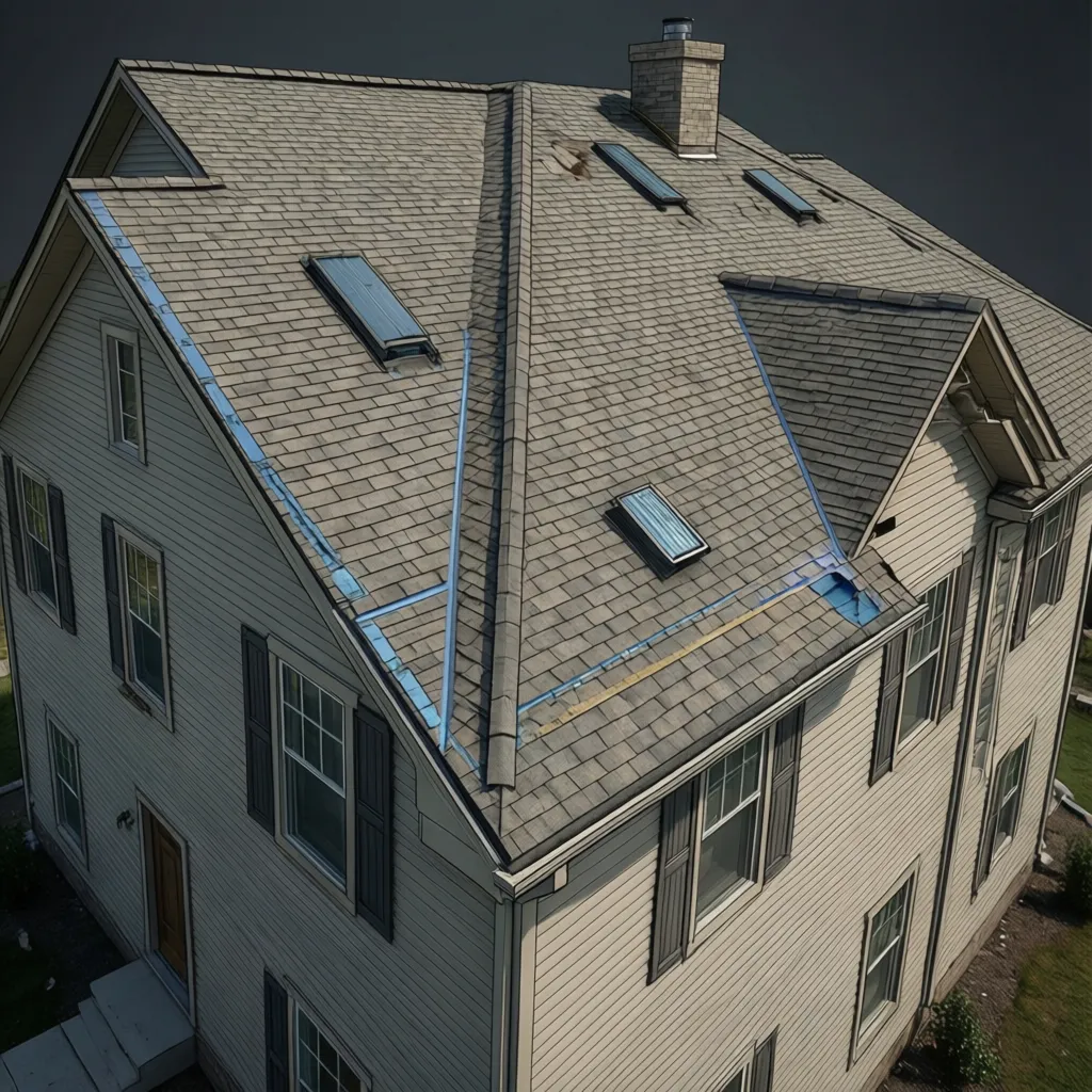 Roof repair zones showing flashing, seams, and surfaces needing sealant