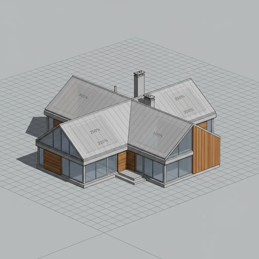 Isometric interior design drawing of a house showing roof slope percentages on a grey grid