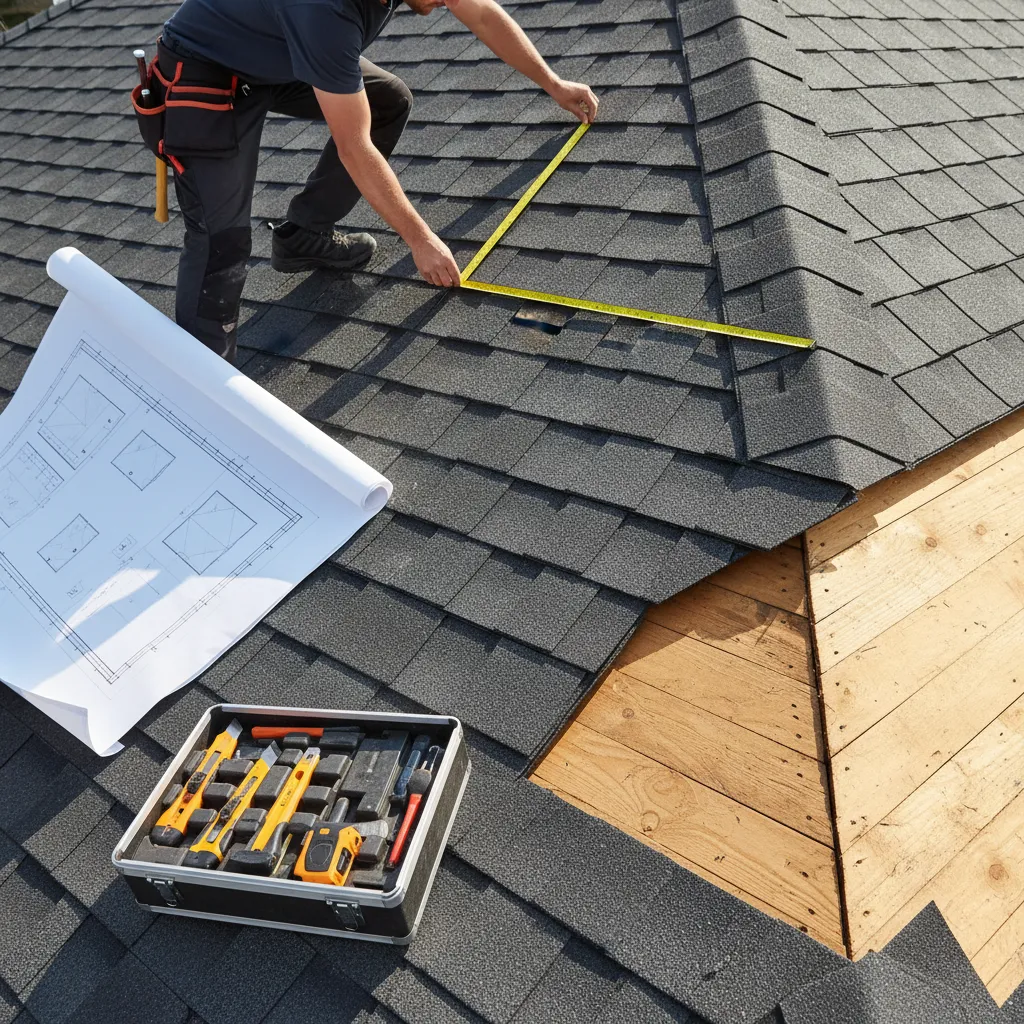 Roof layout diagram and contractor measuring roof sections