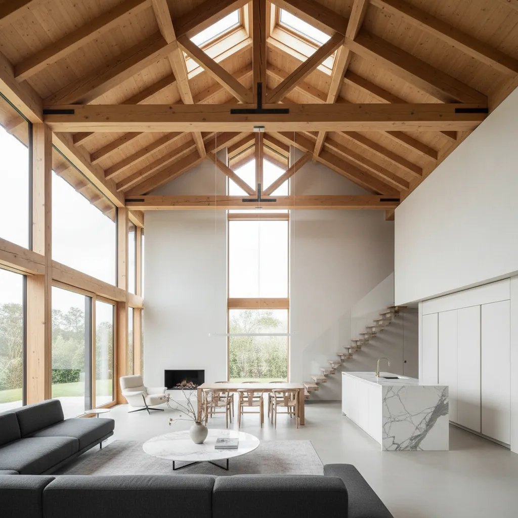 Bright modern living room with high wooden ceiling white walls grey sofa and marble table