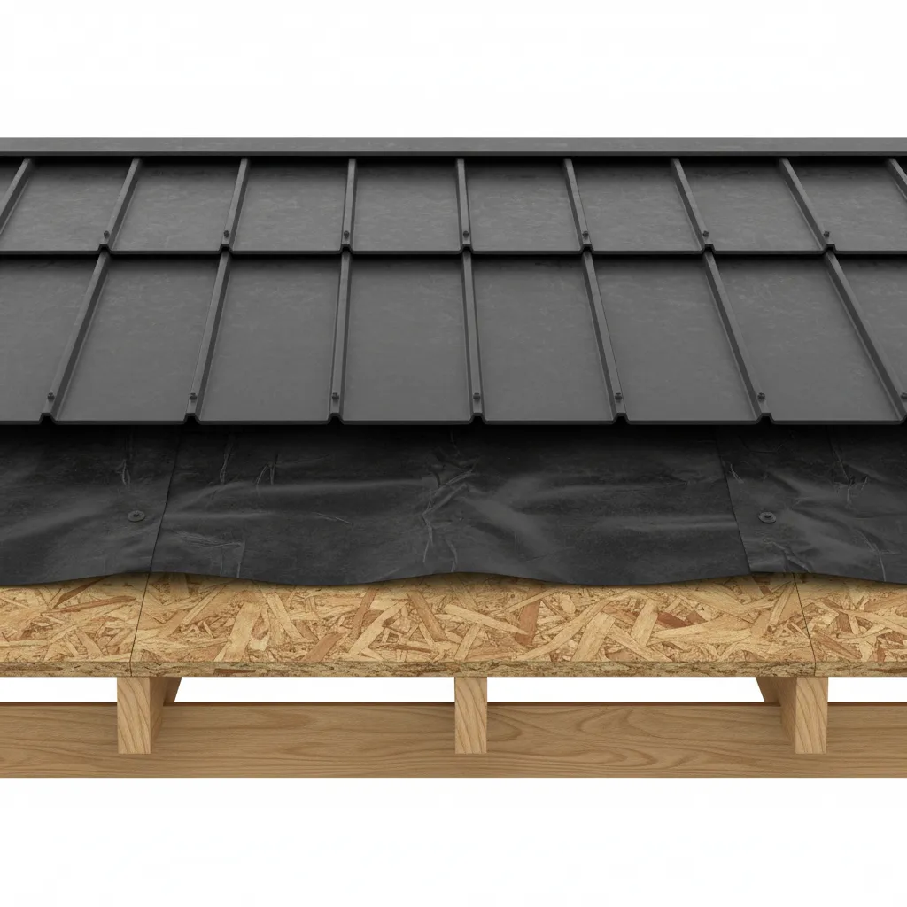 Roof structure showing underlayment and metal interlock roofing layers