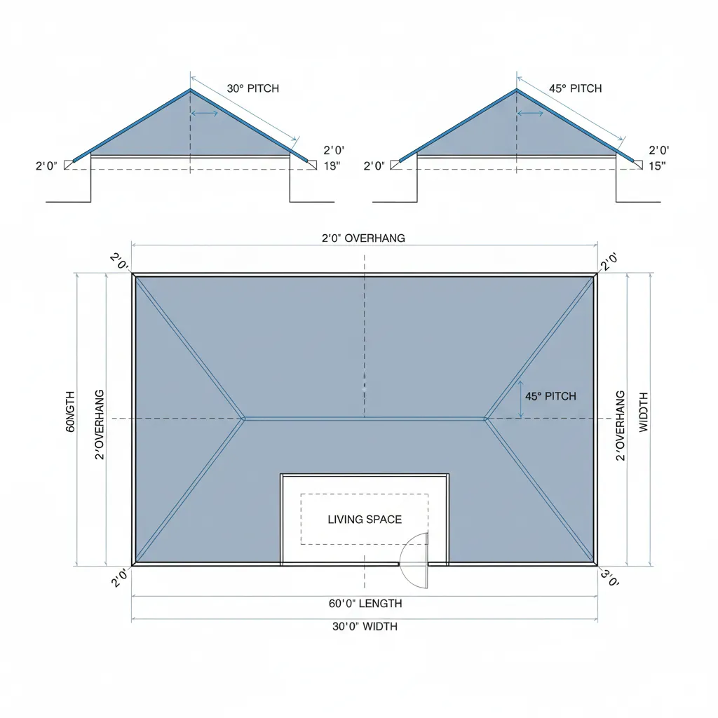 Diagram showing roof slope parameters and structural layout before modeling