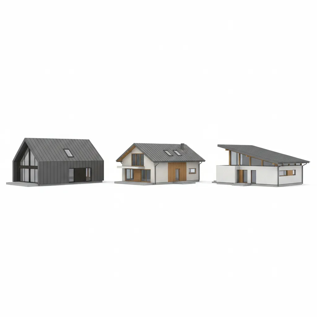 Comparison of gable hip and shed roof styles in 3D house models