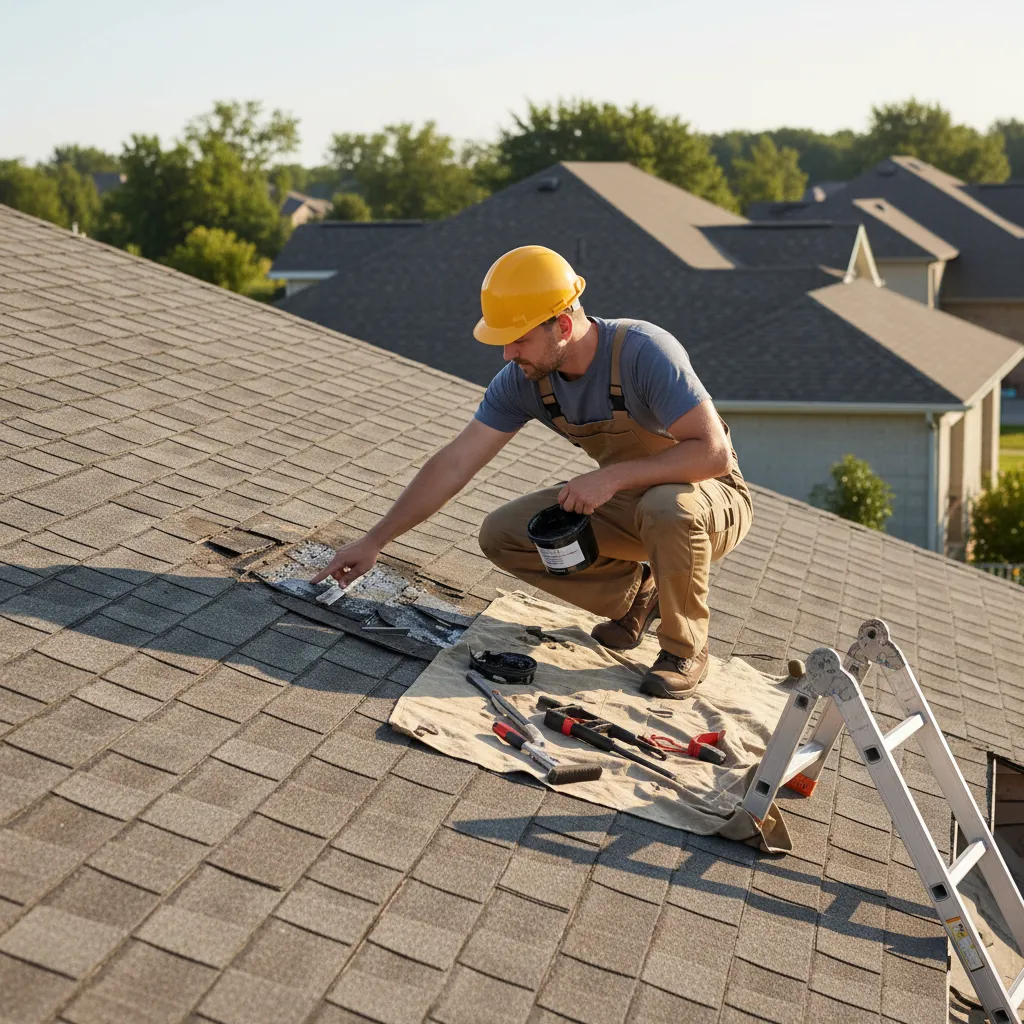 DIY homeowner inspecting roof leak before applying roofing tar