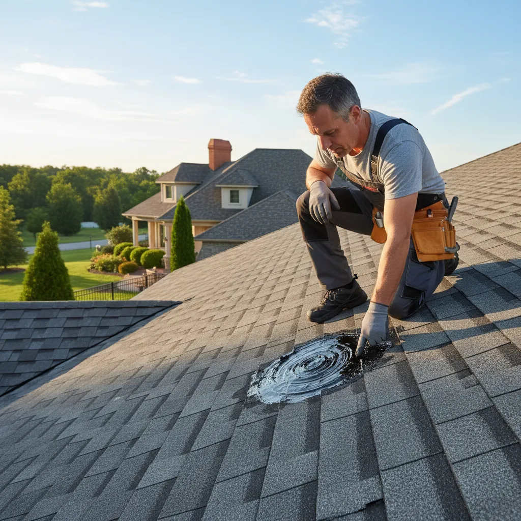 Homeowner inspecting roofing tar repair area on roof