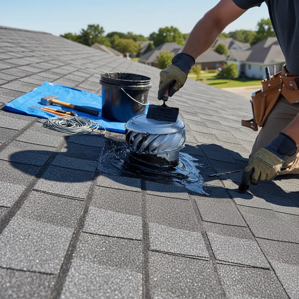 repairing roof leak with roofing tar around vent flashing