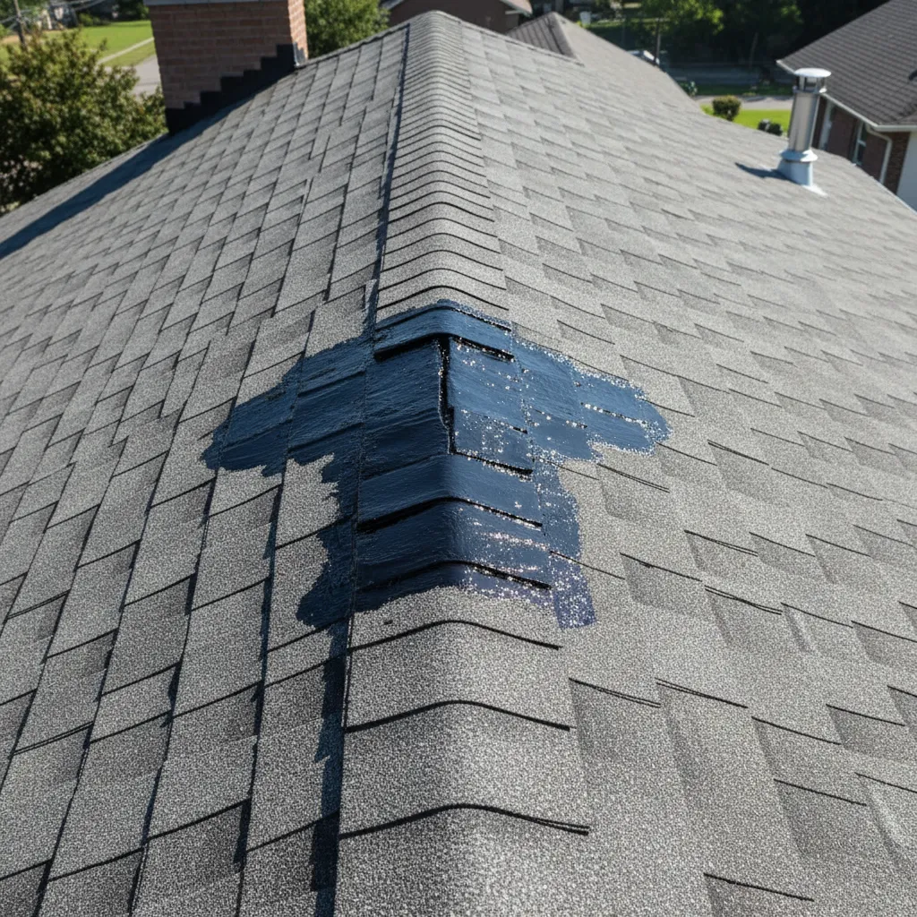 Example of correct roofing tar coverage area around a roof leak repair