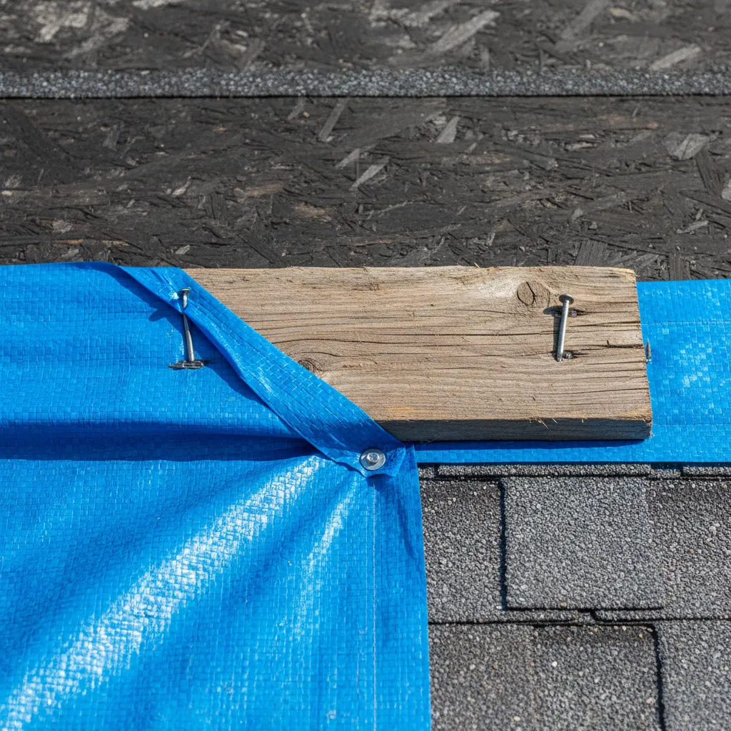 close view of roof tarp edge secured with wood boards and nails