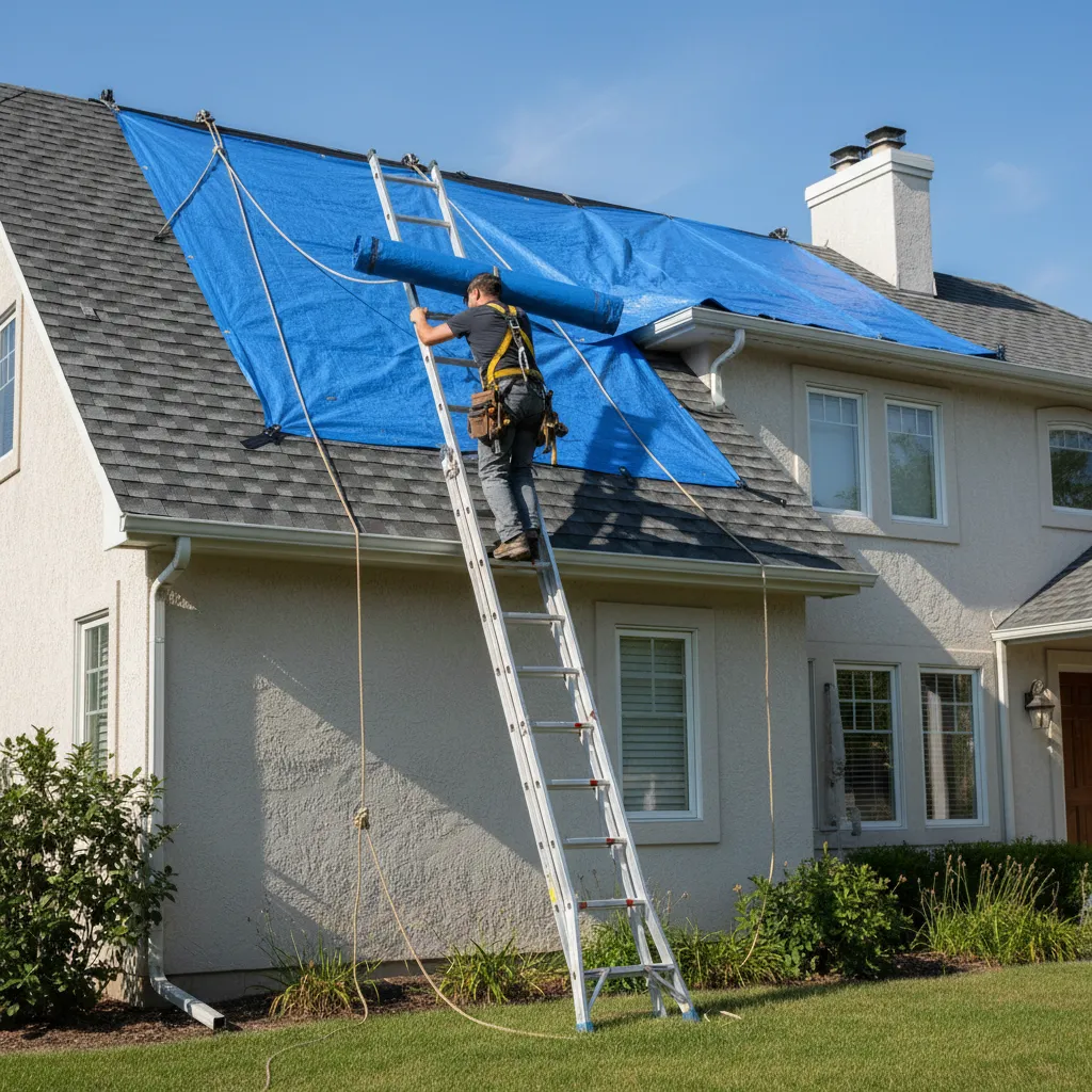 contractor accessing roof with ladder to secure protective tarp