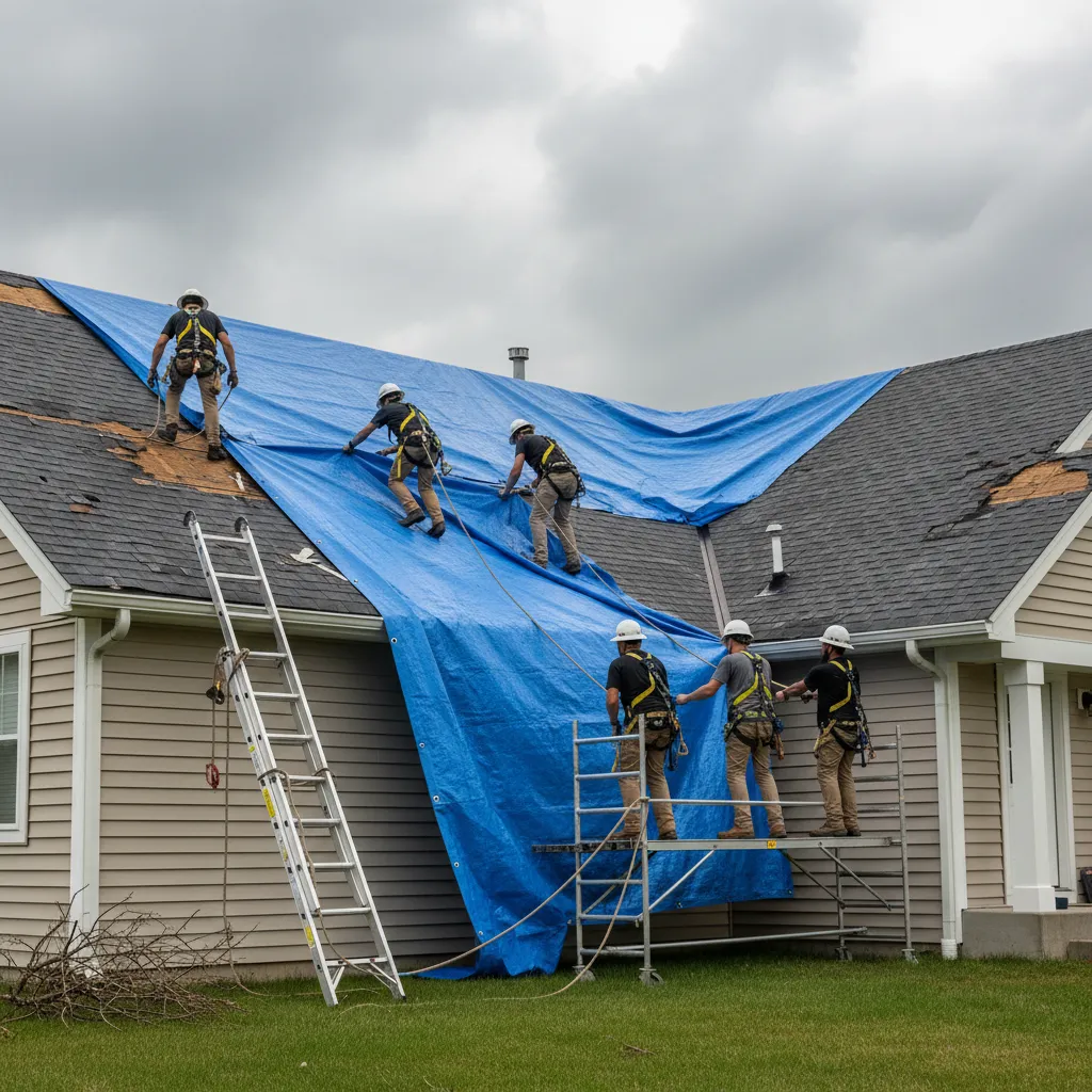 Roofing crew installing protective tarp on residential roof after storm damage