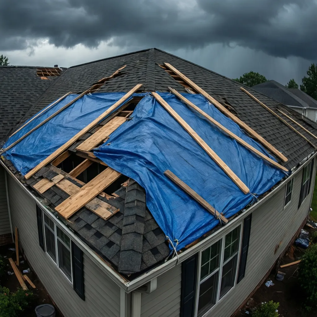 blue tarp installed across damaged shingle roof after storm