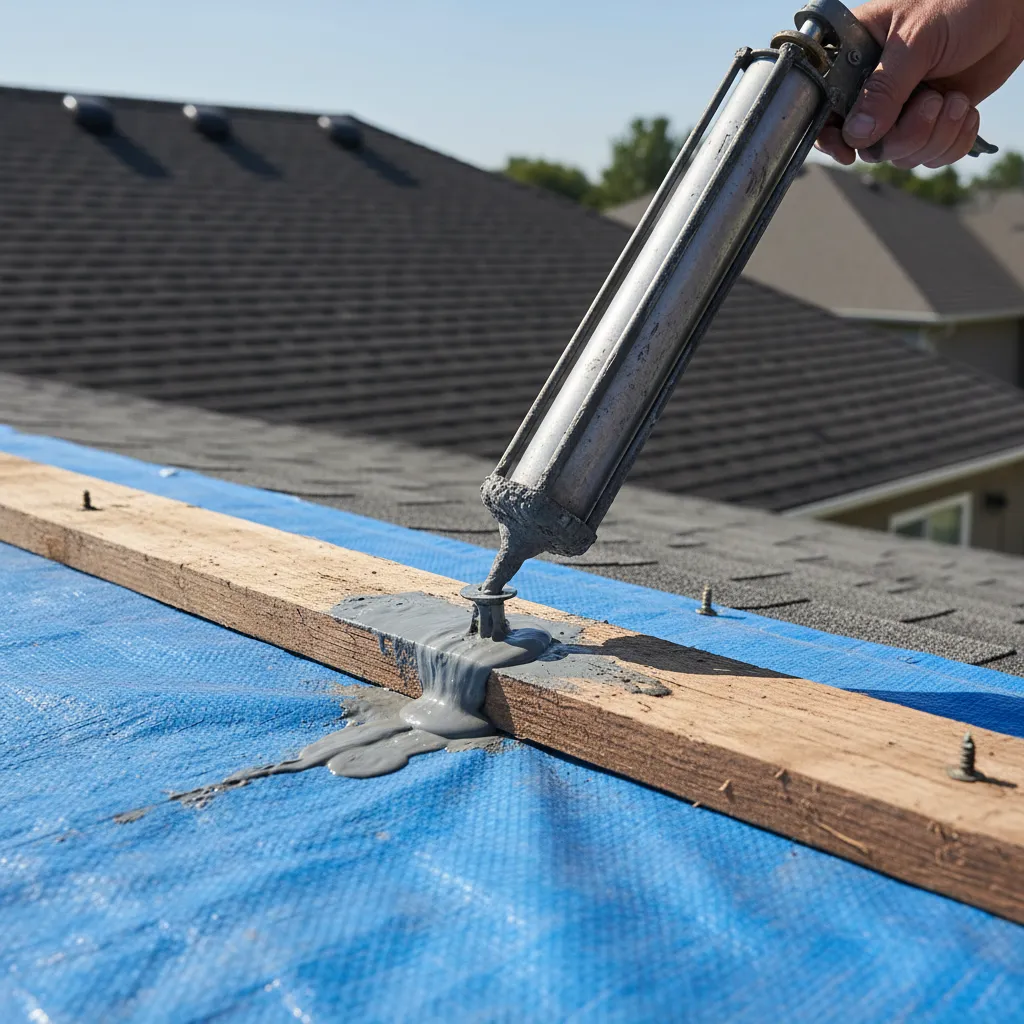 worker sealing roof tarp fastener with roofing sealant