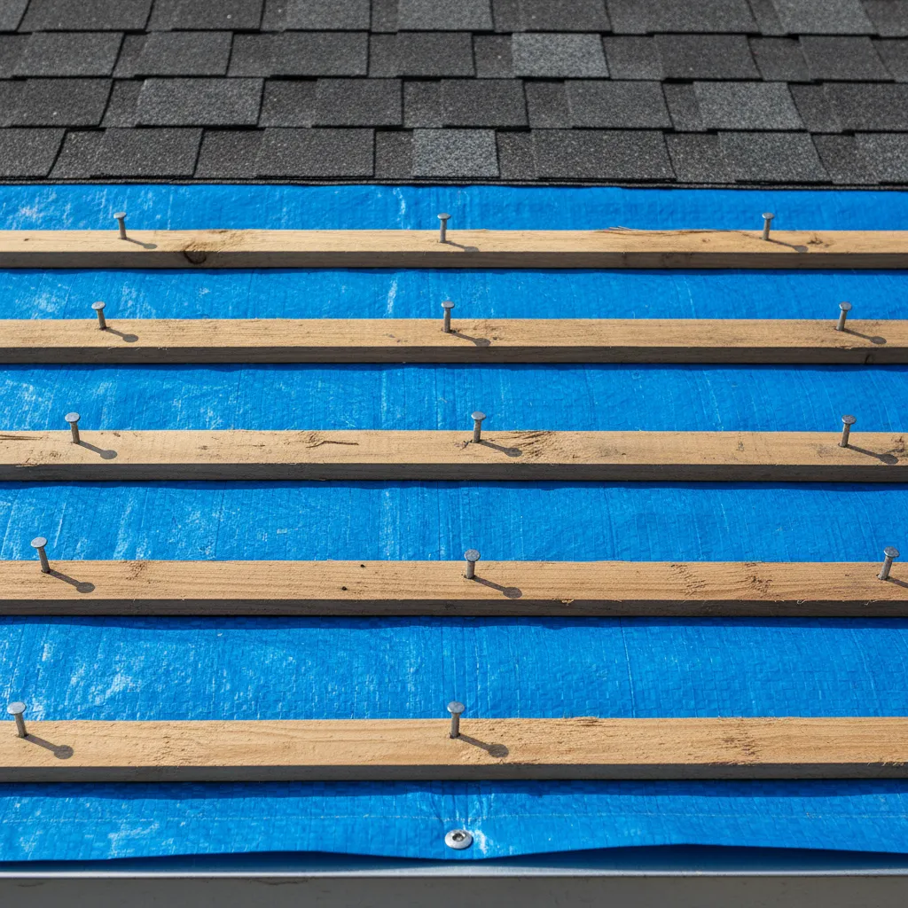 Close view of tarp secured with wooden strips and roofing nails
