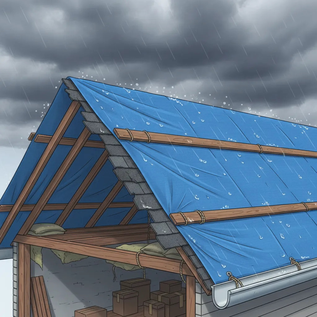 roof tarp covering damaged roof section preventing rainwater entry