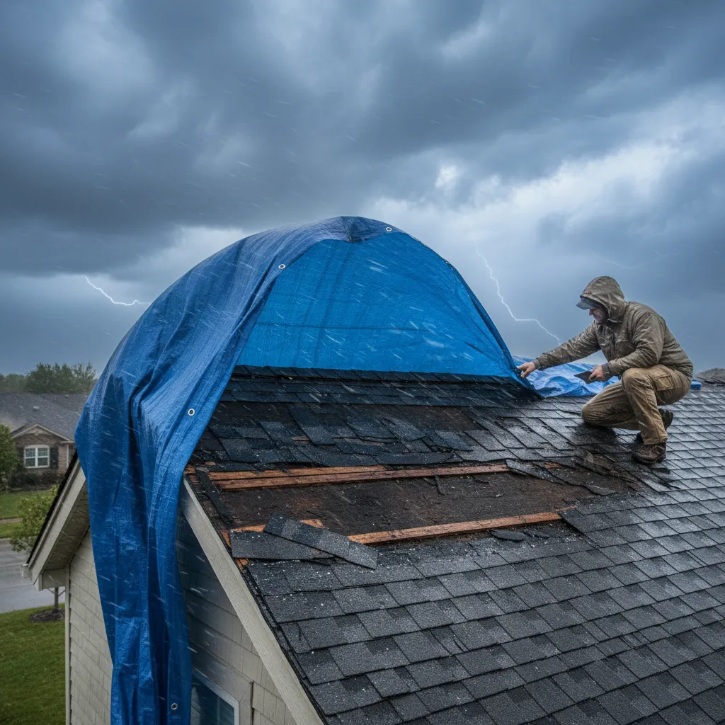 roof tarp corner lifting due to wind exposure on residential roof