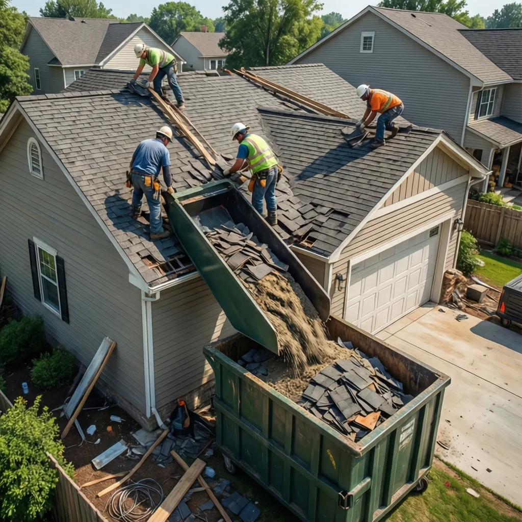 roof tear off process with old shingles being removed