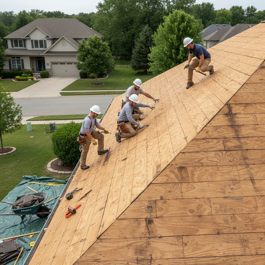 Roof tear off process exposing plywood decking during inspection