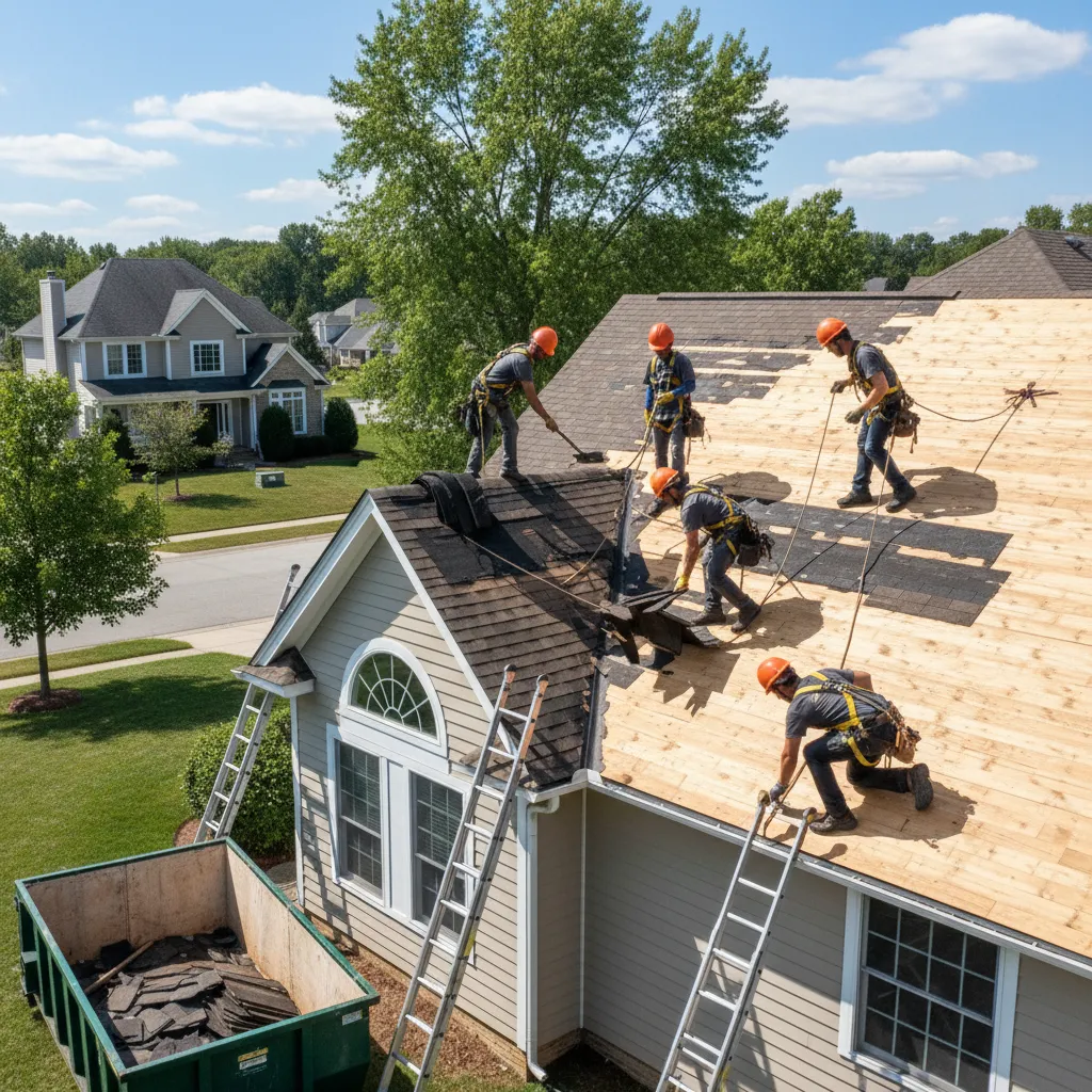 Roofing crew removing old asphalt shingles from residential roof