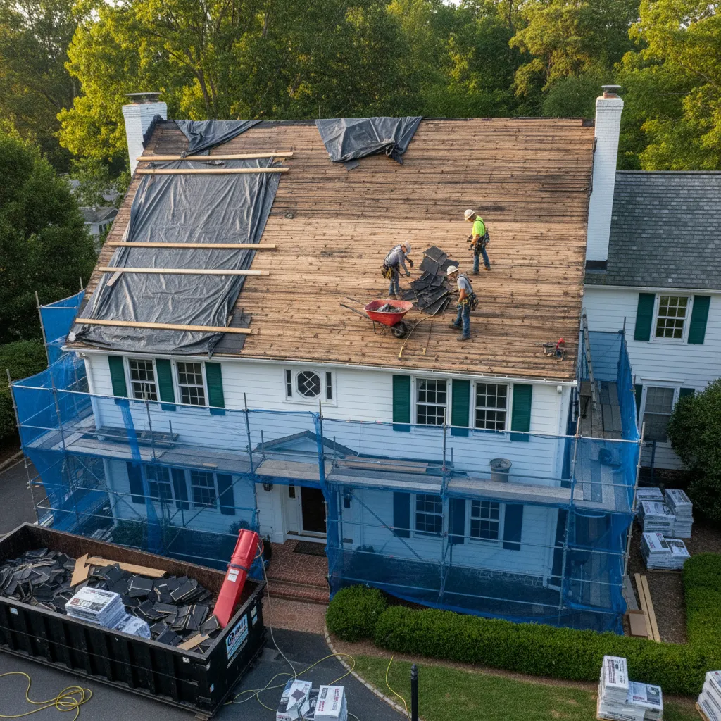 Roof tear-off process showing layers of shingles and wooden decking