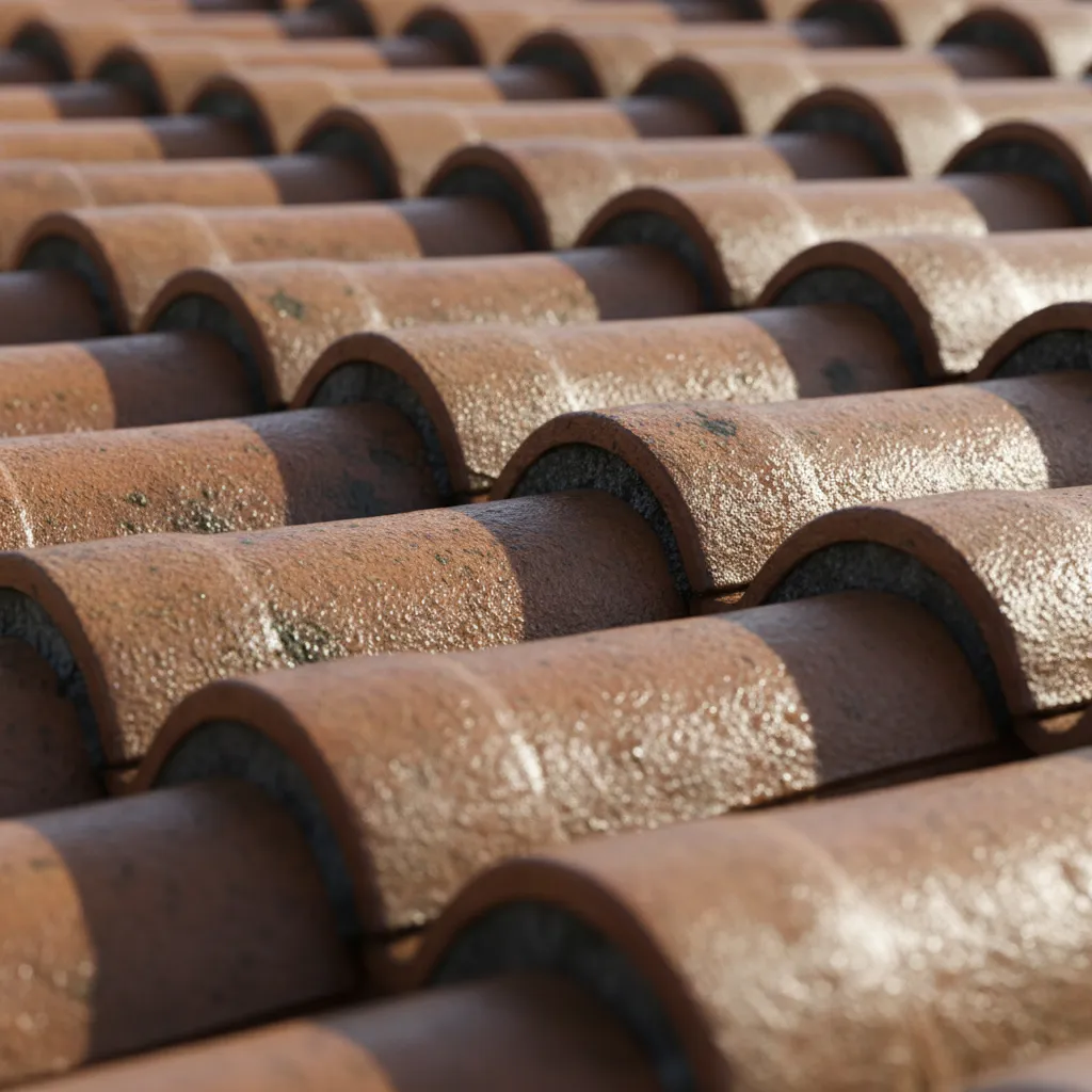 Close view of curved clay roof tiles showing rainwater drainage channels