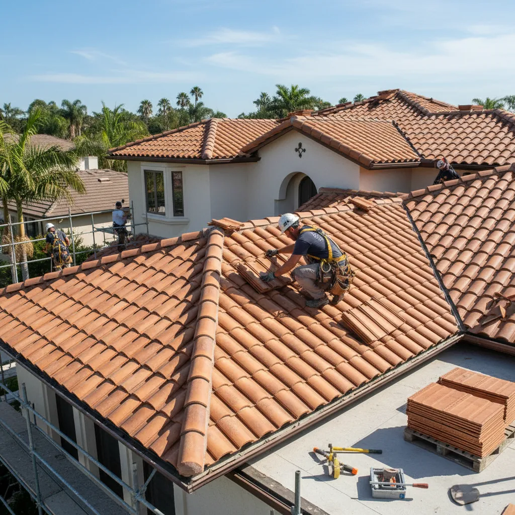 Roofing contractor installing synthetic terracotta roof tiles on a home