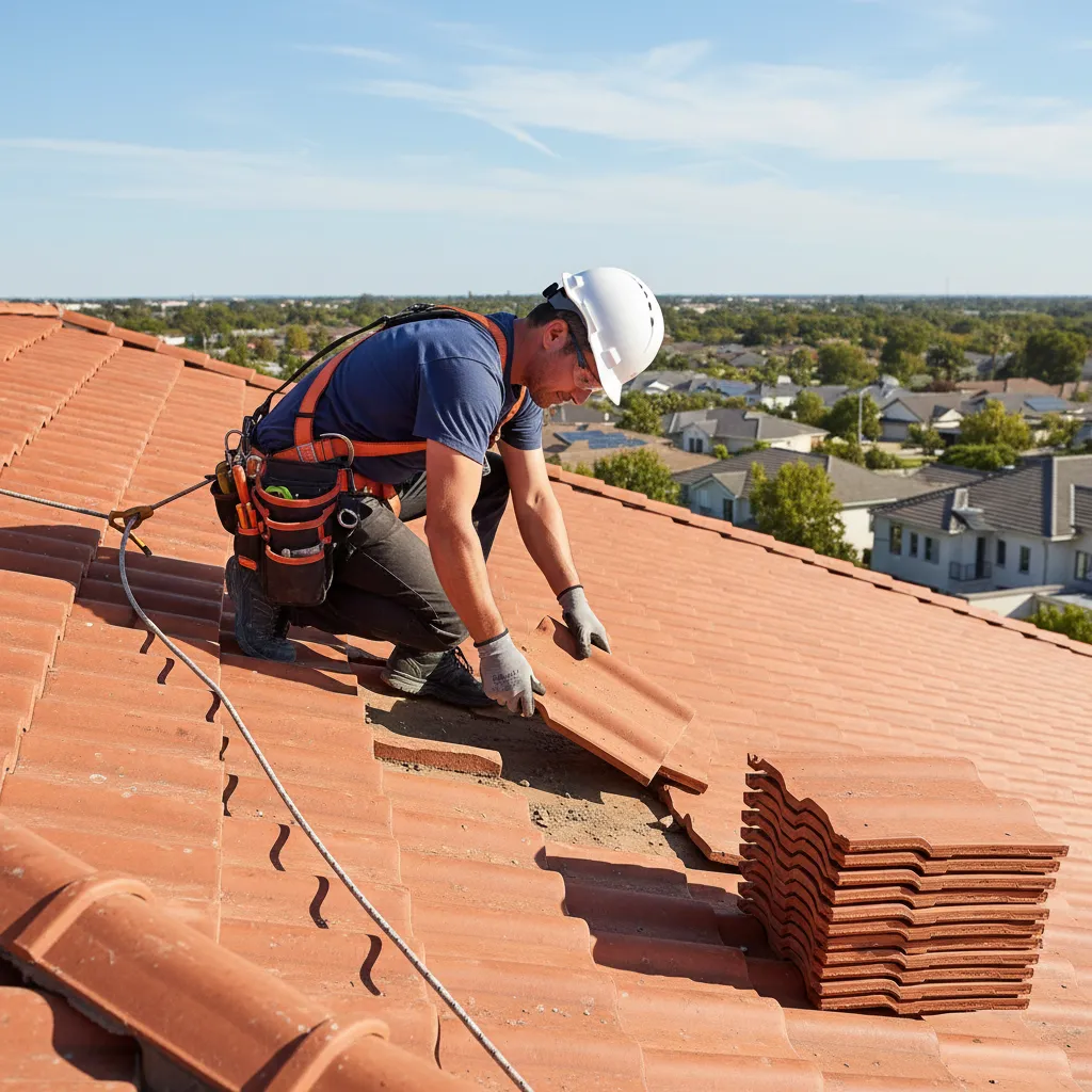 Roof technician replacing a synthetic terracotta tile during repair