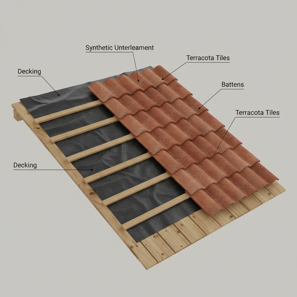 Roof underlayment layers installed beneath synthetic terracotta tiles