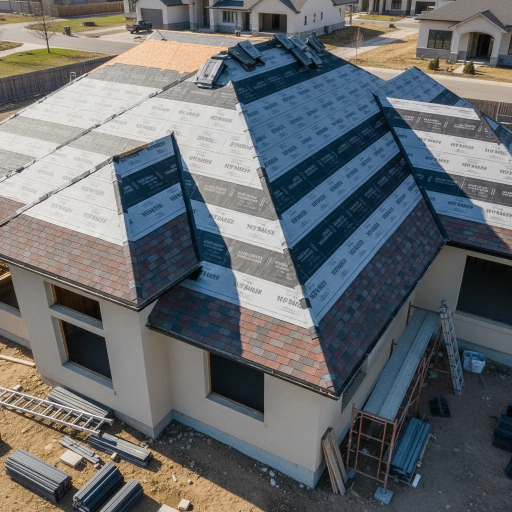 Roof layout showing underlayment coverage beneath metal roofing panels