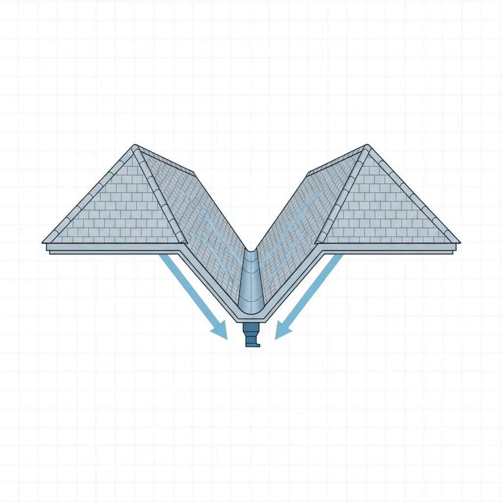 Roof valley intersection directing rainwater toward gutter drainage
