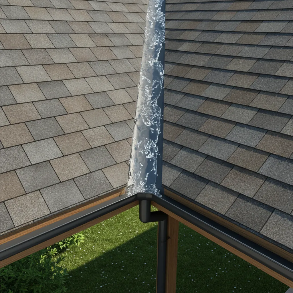 roof valley collecting rainwater and directing it toward gutters