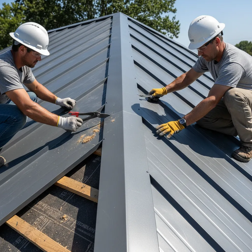 Metal roof valley area showing diagonal panel cuts during installation