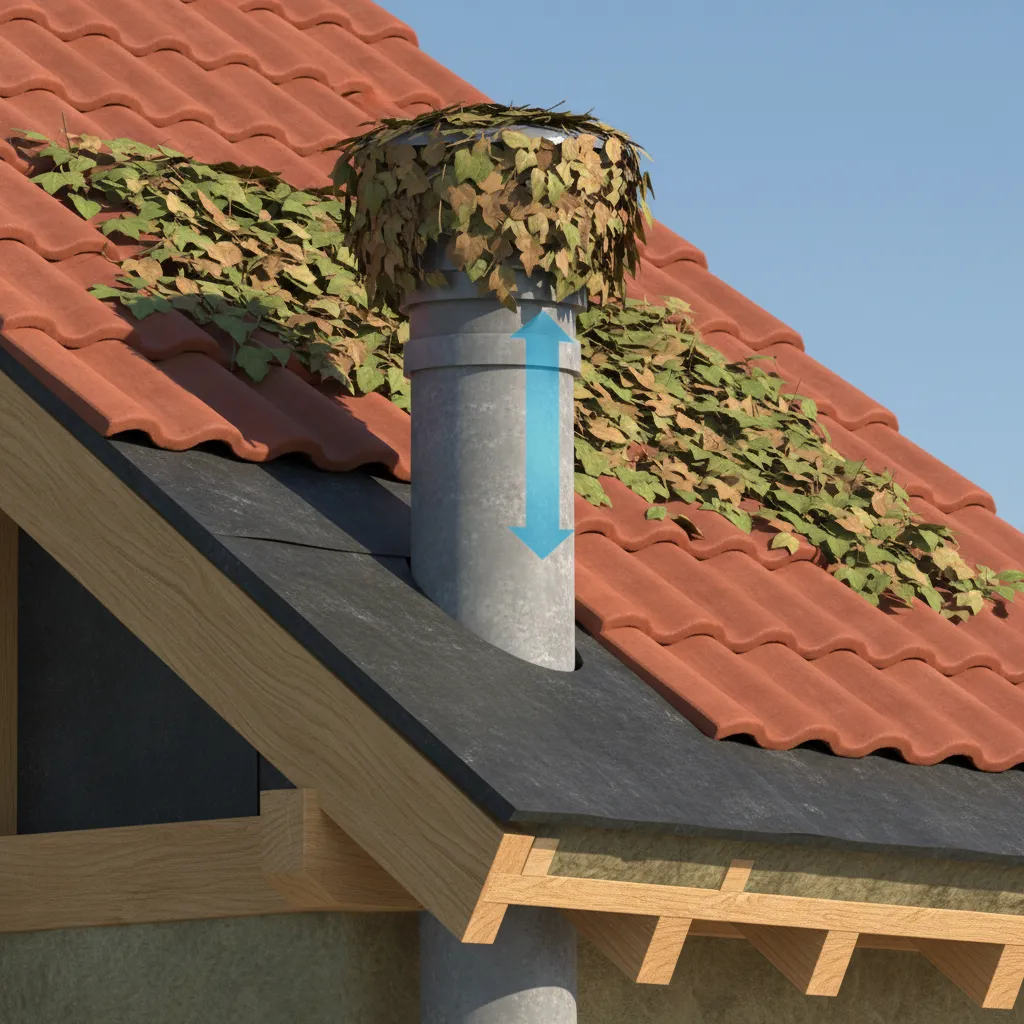 Roof plumbing vent pipe blocked with leaves causing drainage issues