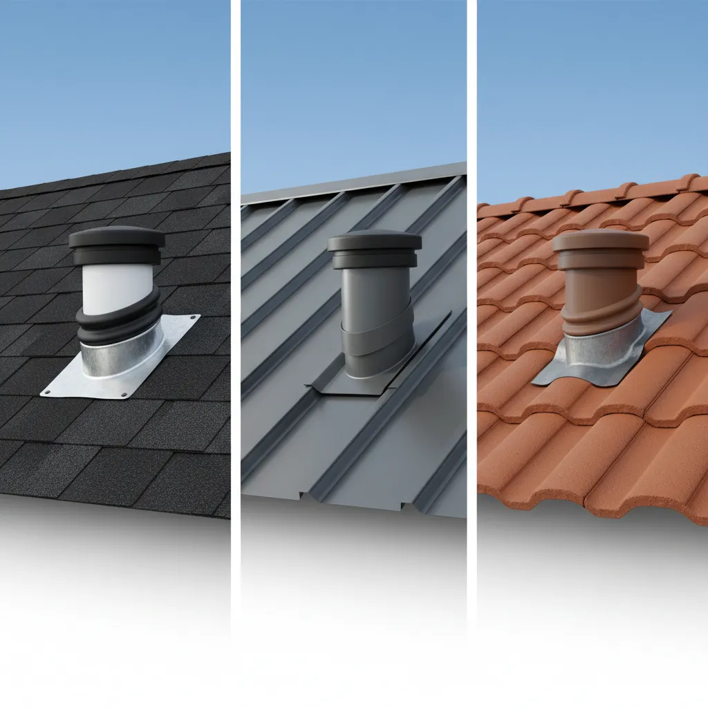Plumbing vent caps with flashing designed for different roof types