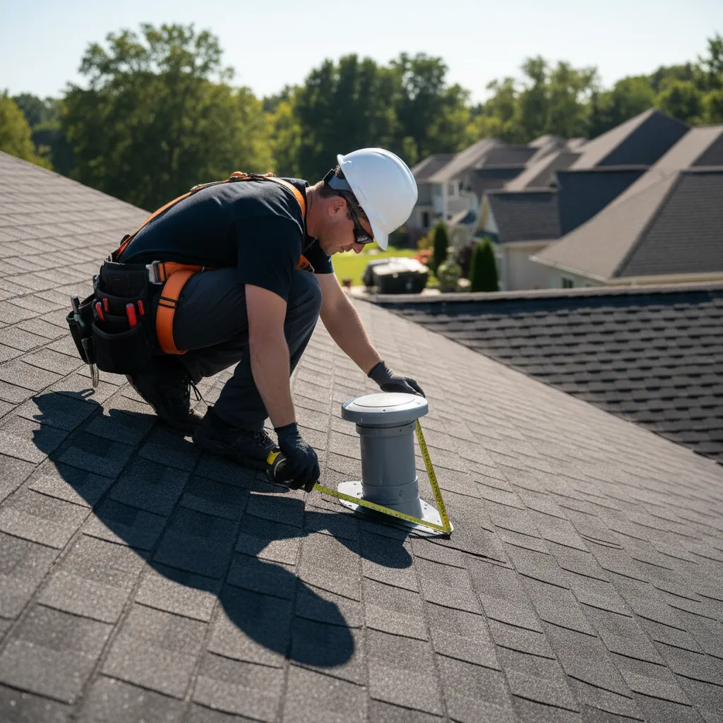 contractor inspecting roof plumbing vent cap installation