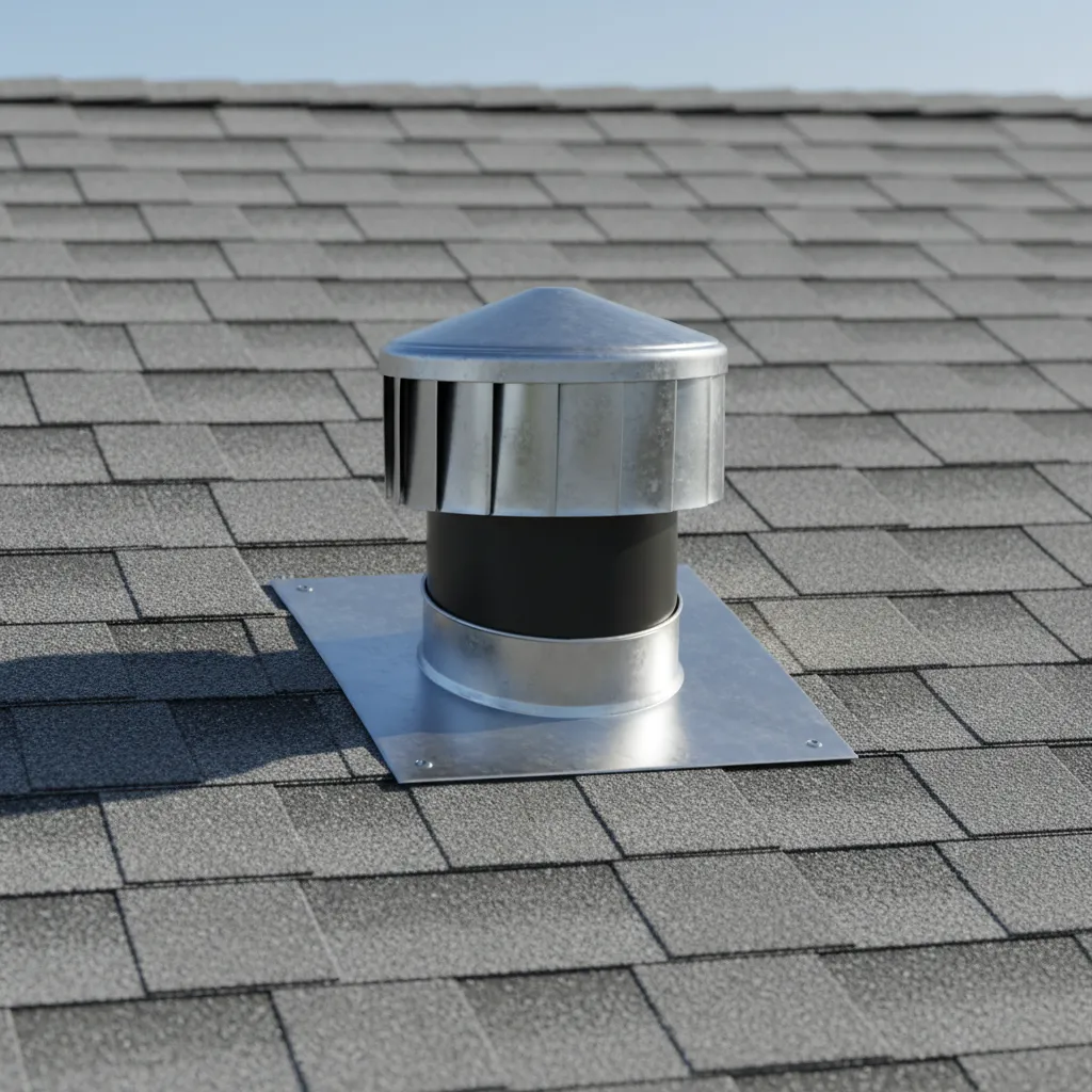Close-up of roof vent flashing and vent cap installation