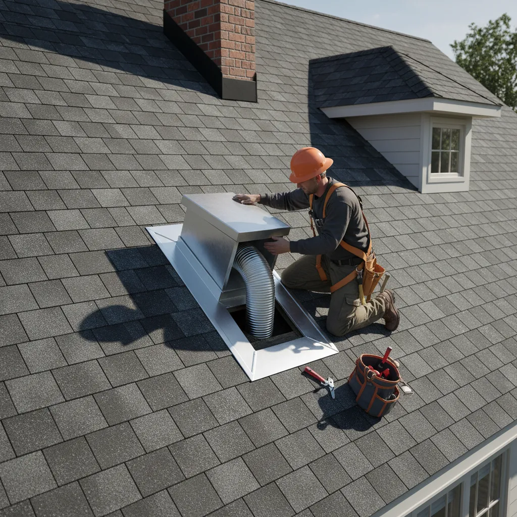 Roofer installing roof vent cap for bathroom exhaust fan