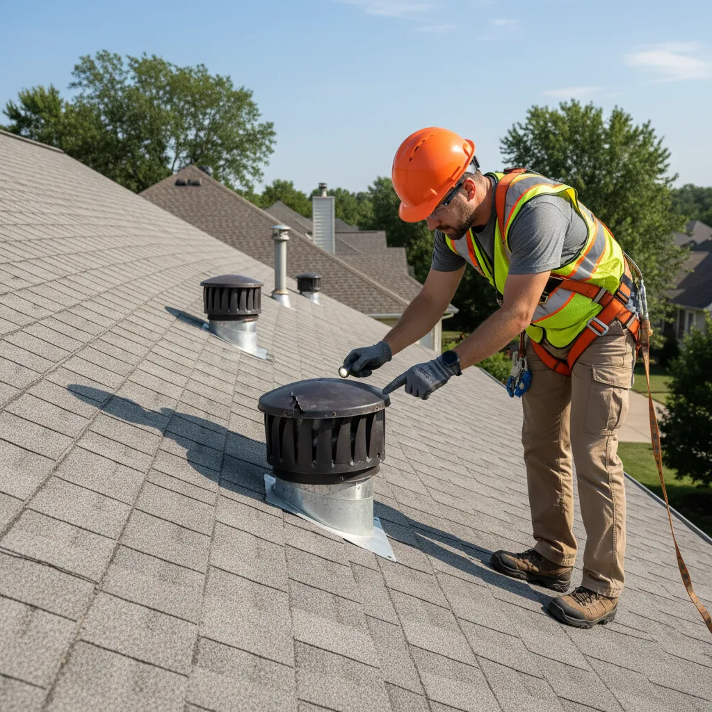 Home inspector checking plumbing vent cap on roof for debris