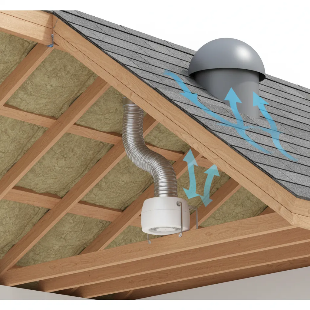 Attic duct system connected to gooseneck roof vent showing airflow path
