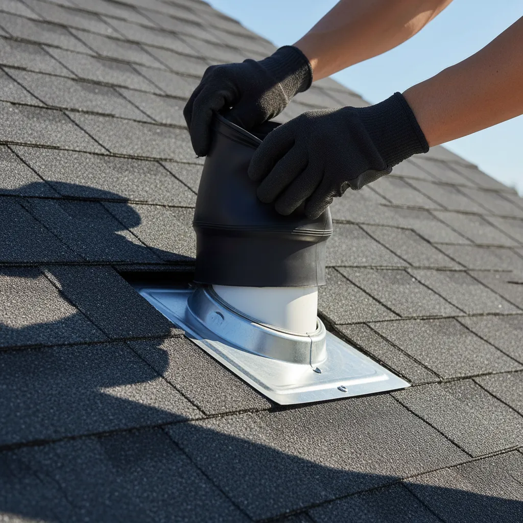 roofer installing rubber boot flashing around plumbing vent pipe on asphalt shingle roof