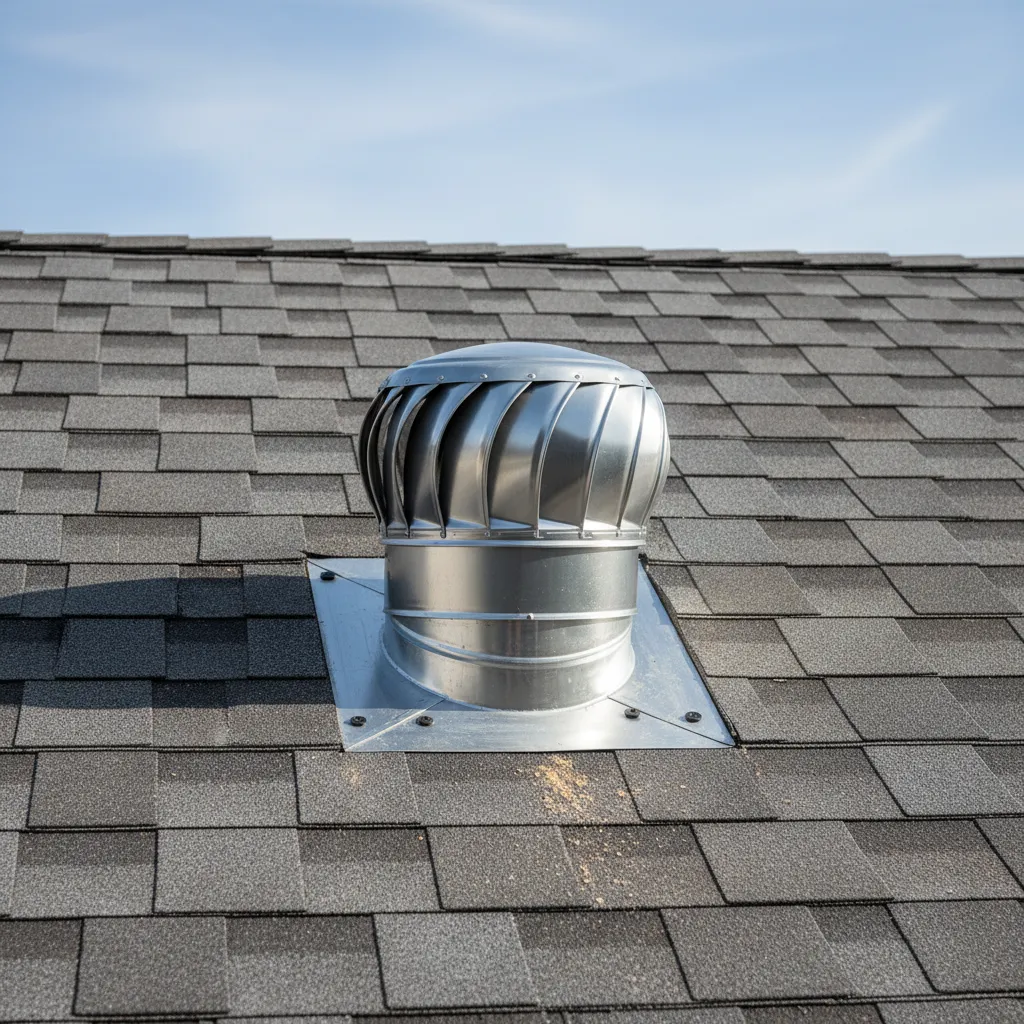 Roof vent flashing installation around gooseneck vent on shingle roof