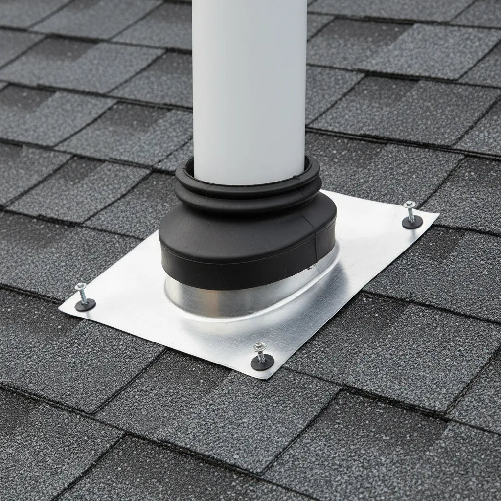 Close-up of roof vent pipe flashing and waterproof seal on shingle roof