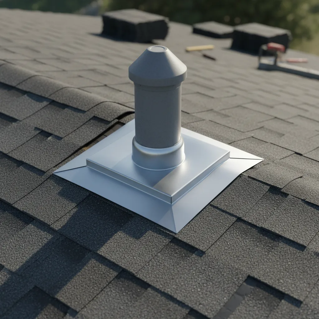Detailed view of roof vent flashing installed beneath shingles to prevent leaks