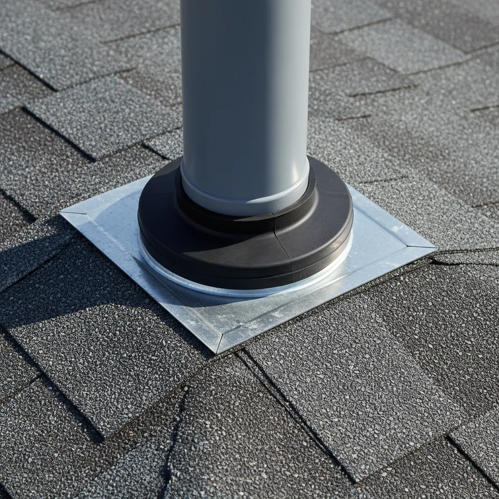 Roof plumbing vent flashing around pipe showing potential leak area