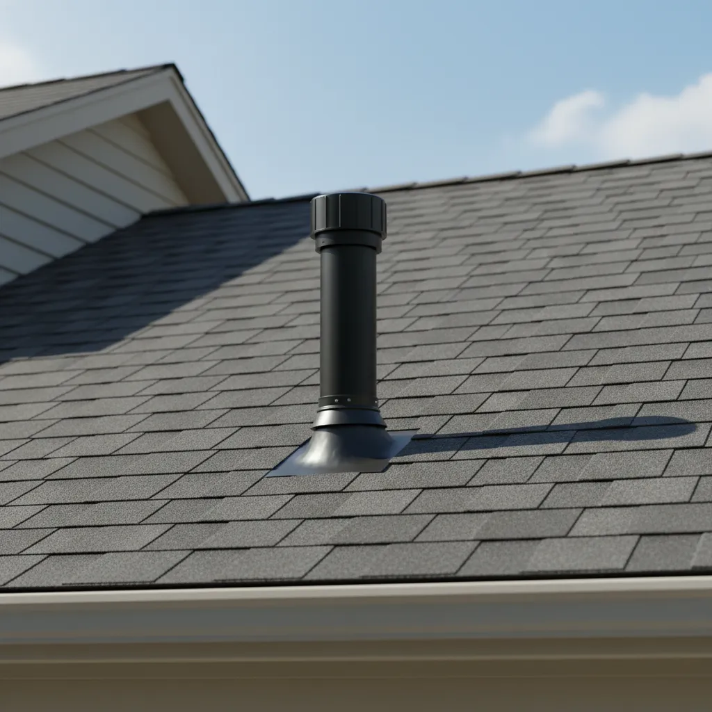 Residential roof with plumbing vent pipe above kitchen area