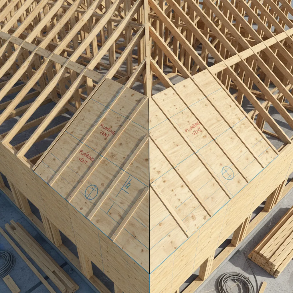 roof framing layout showing planned plumbing vent penetration positions