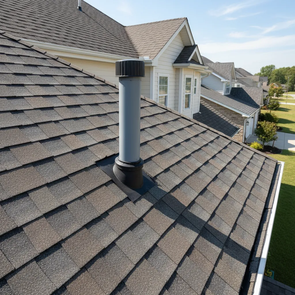 plumbing vent pipe extending above residential roof with flashing