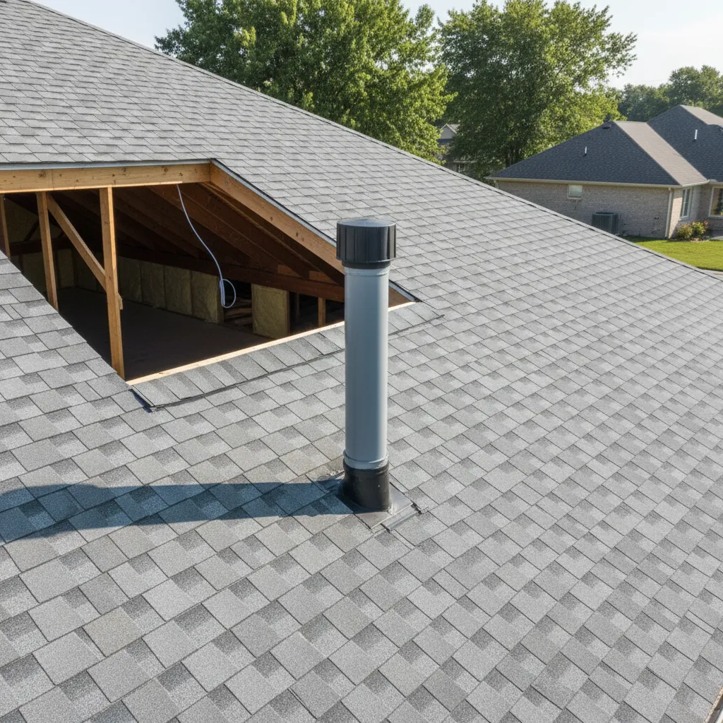 Example of plumbing vent pipe extending above residential roof with proper height