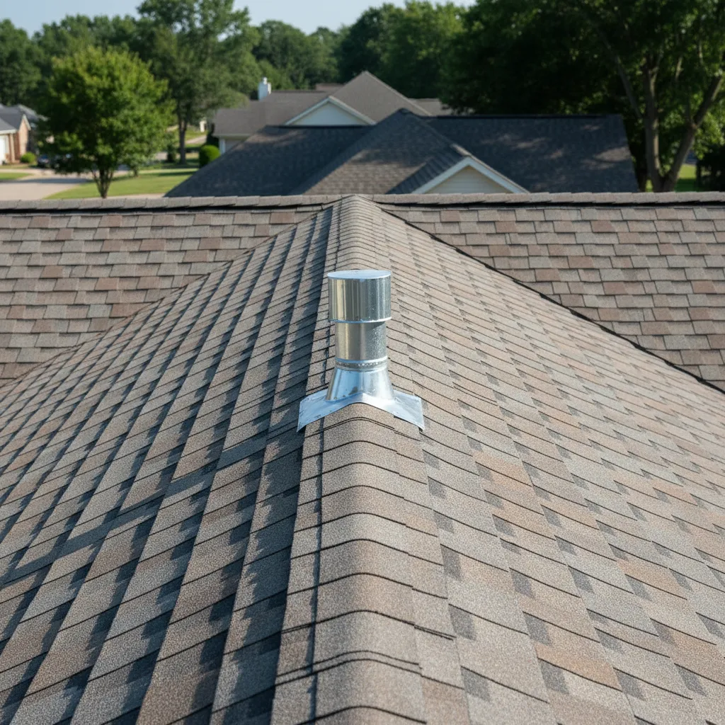Close view of plumbing vent pipe protruding through residential roof